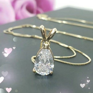 14K SOLID GOLD •  Tear Drop Pear Cut Solitaire Simulated Diamond or Moissanite  • Pendant With 18" Inches Necklace •