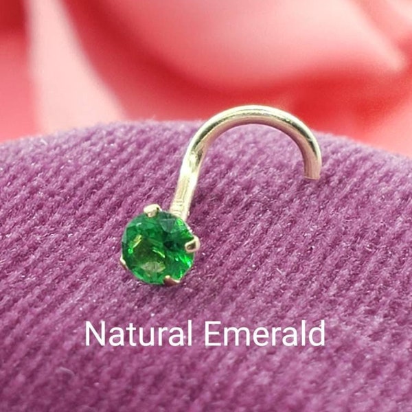 Genuine Real Emerald Nose Stud ,  14K Solid Gold in Twisted Crooked Screw, L-Shaped , Ball End Bar 22GA 20 GA 18GA