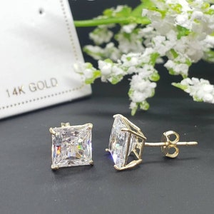 14K Solid Gold Princess Square Cut White CZ's Push Backing Earring with 4 Prong 3 mm 8 mm image 1