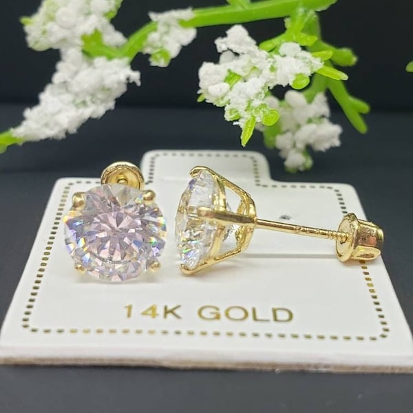 Super Bright 14K Solid Gold • Round Solitaire Cut • Basket Prong •  3mm-8mm • With Baby Screw Backing