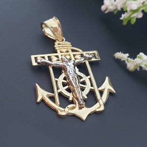 Crucifijo de Jesucristo en oro amarillo macizo de 14 quilates, colgante de ancla marinera, dije religioso, crucifijo, 4 tamaños disponibles, 2 colores.