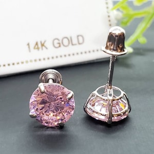 14K Solid Gold Pink Earring October Birthstone Colors Screw Backing Earring with 4 Prong Setting