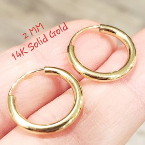 14K Echtgold • 2.00 mm Schlichte Creolen, Klassische Schläfer Ohrringe Massivgold Creolen • Endlose Gold Mini Creole • 15 mm - 65 mm •
