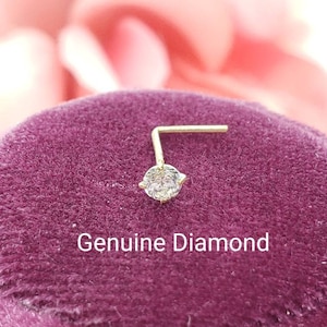 Piercing al naso con diamante naturale autentico, colore S1 GHI, oro massiccio 14 carati con estremità a L, 20 GA, vero diamante naturale autentico, anello al naso.