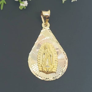 14K Solid 3 Tone Real Gold Tear Drop Style Guadalupe Stamp Religious Pendant
