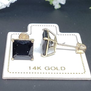 14K Solid Gold Princess Square Cut Black Screw Backing Earring with 4 Prong 3 mm - 8 mm