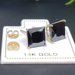 14K Solid Gold Princess Square Cut Black Push Backing Earring with 4 Prong 3 mm - 8 mm