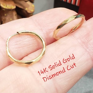 14k Solid Gold • 14K Solid Gold 1.50 MM Diamond Cut Plain Hoops Sleeper Huggies High Polished  • 13 mm - 65 mm •