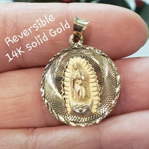 Dije reversible 2 en 1 de oro macizo de 14 quilates con corte de diamante de Guadalupe y Jesús, talla pequeña/grande.