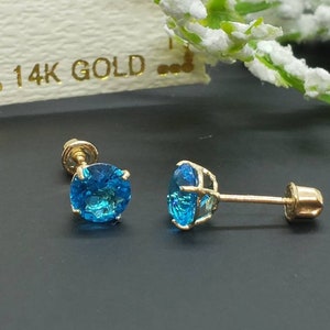 14K Solid Yellow Gold Blue Topaz Earring December Birthstone Colors Screw Backing Earring with 4 Prong Setting image 3