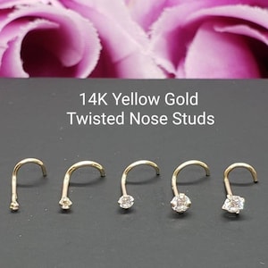 14K Solid Yellow Gold , Curve Bar Nose Stud, Diamond Nose Stud, Twist Micro Nose, Screw Nose Stud 20 Gauge, Hypoallergenic, Perfect Quality.