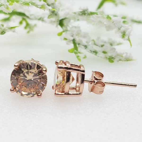 2mm-10mm Round Rose Plated Morganite CZ Solid 925 Sterling Silver Solitaire Stud Post Earrings Round Mens Womens Earrings