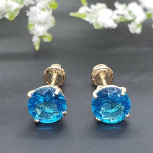 14K Solid Yellow Gold Blue Topaz Earring December Birthstone Colors Screw Backing Earring with 4 Prong Setting image 2