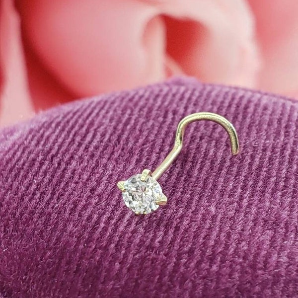 Genuine LAB DIAMOND 14K Solid 100 % Real Gold , Curve Bar Nose Stud, LAB Diamond Nose Stud, Twist Micro Nose, 22GA 20GA 18GA