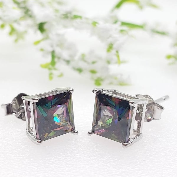 3mm-10mm Princess Cut Square Rainbow Mystic Topaz Solid 925 Sterling Silver Stud Post Earrings Round Mens Womens Earrings