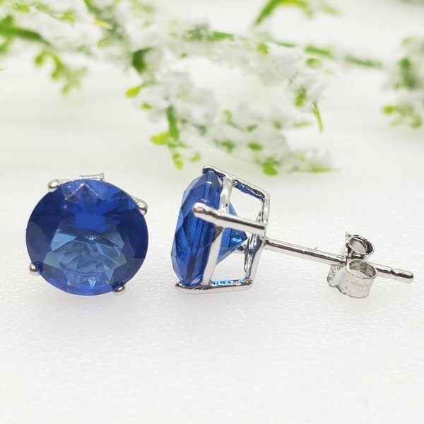 2mm-10mm Round Sapphire September Birthstone Solid 925 Sterling Silver Solitaire Stud Post Earrings Round Mens Womens Earrings