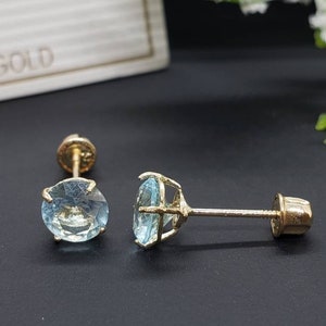 14K Solid Gold Aquamarine Earring March Birthstone Colors Screw Backing Earring with 4 Prong Setting