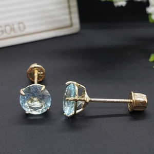 14K Solid Gold Aquamarine Earring March Birthstone Colors Screw Backing Earring with 4 Prong Setting image 1