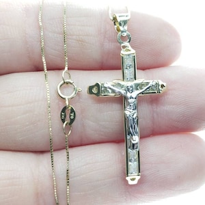 14K Solid 2 Tone Gold CZ Crucifix Cross Pendant With 3 different Sizes Available