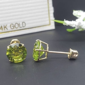 14K Solid Gold Peridot Earring August Birthstone Colors Screw Backing Earring with 4 Prong Setting