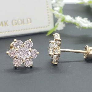 2.00 ctw 14k Solid Yellow Gold  Flower  • Screw Backs Earrings • Girls / Kids Earrings  •  12 Colors Available 7mm x 7mm