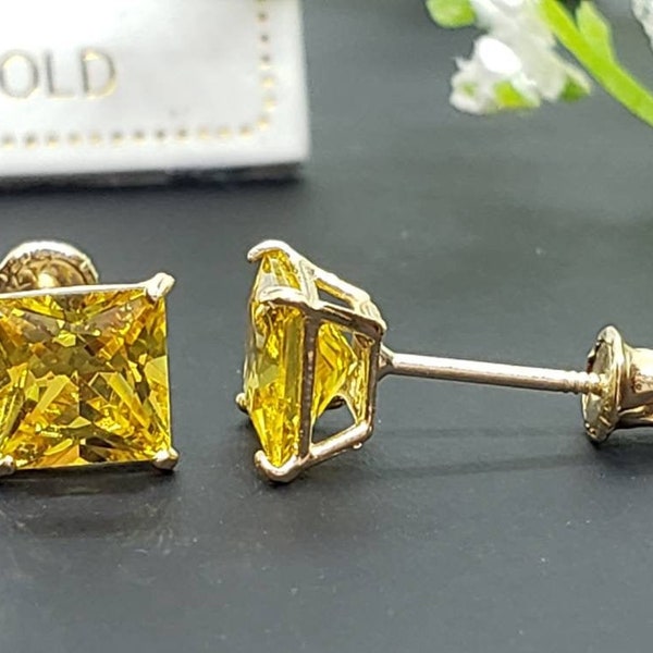 14K Solid Gold Yellow Citrine Earring Princess Square Cut November Birthstone Colors Screw Backing Earring with 4 Prong Setting