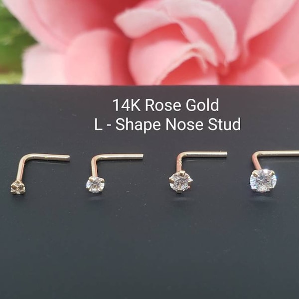 14K Solid Rose Gold , L-Shape Bar Nose Stud, Diamond Nose Stud,  Micro Nose, Screw Nose Stud, Body Jewelry Real Gold