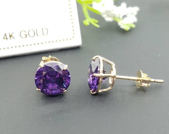 14K Solid Yellow Gold Amethyst Earring February Birthstone Colors Push Backing Earring with 4 Prong Setting
