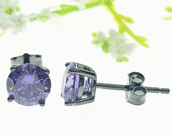 Solid 925 Sterling Silver Amethyst CZ's or Genuine Natural Amethyst Gemstone Solitaire Stud Post Earrings Round Mens Womens Earrings