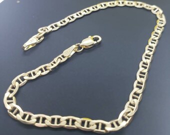14K Real Yellow Gold 3.5mm Hollow Mariner Bevel Chain  Bracelet , Women's Men's