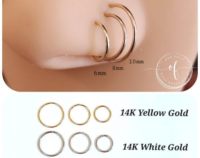 14K Solid Gold Nose Ring, Snug Fitting Solid Rose Gold Hoop, Nose Cartilage Tragus Helix, Dainty Endless Hoop, 20 GA 8.00 mm 10.00 mm