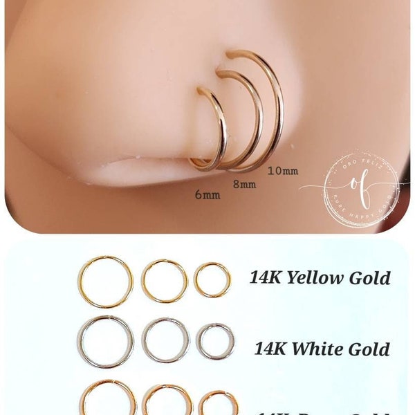 14K Solid Gold Nose Ring, Snug Fitting Solid Rose Gold Hoop, Nose Cartilage Tragus Helix, Dainty Endless Hoop, 20 GA 8.00 mm 10.00 mm