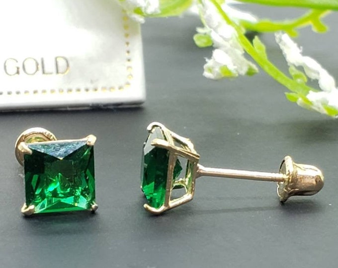14K Solid Gold Emerald Earring Princess Square Cut May Birthstone Colors Screw Backing Earring with 4 Prong Setting