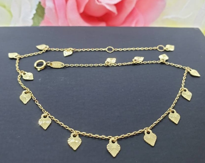 10K Real Yellow Gold • Dangle Heart Charm High Quality  Ankle Bracelet Anklet •  9 +1 " Inches •