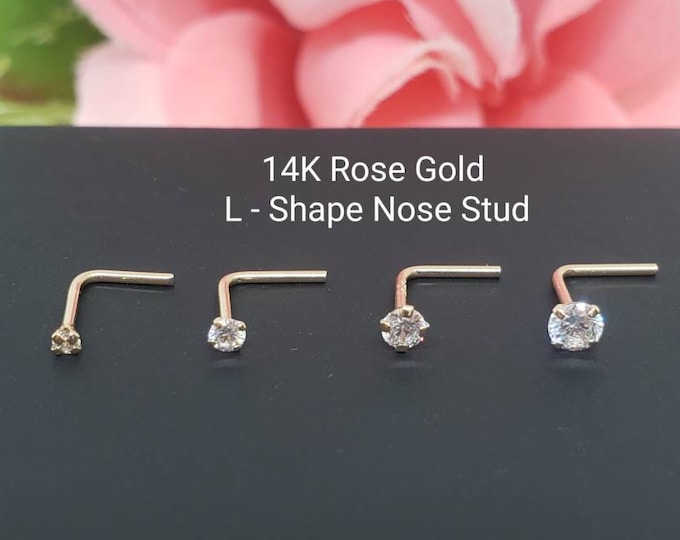 14K Solid Rose Gold , L-Shape Bar Nose Stud, Diamond Nose Stud,  Micro Nose, Screw Nose Stud, Body Jewelry Real Gold