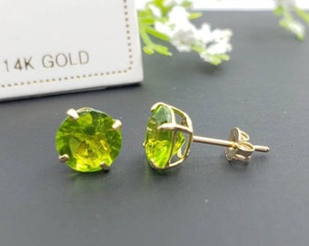 14K Solid Gold Green Peridot Earring August Birthstone Colors Push Backing Earring with 4 Prong Setting