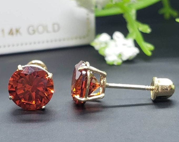 14K Solid Yellow Gold Garnet Earring January Birthstone Colors Screw Backing Earring with 4 Prong Setting