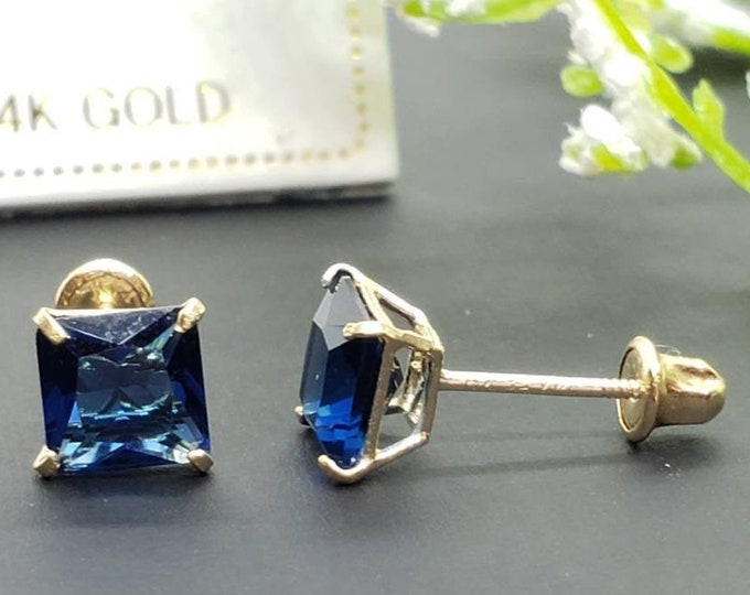 14K Solid Gold Blue Sapphire Earring Princess Square Cut September Birthstone Colors Screw Backing Earring with 4 Prong Setting