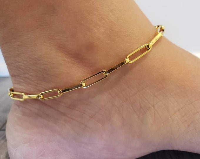 10K Real Yellow Gold • Paper Clip Forzata 4 mm Ankle Bracelet Anklet •  10 Inches.