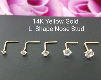 14K Solid Yellow Gold , L-Shape Bar Nose Stud, Diamond Nose Stud,  Micro Nose, Screw Nose Stud, Body Jewelry Real Gold,20 ga, Hypoallergenic