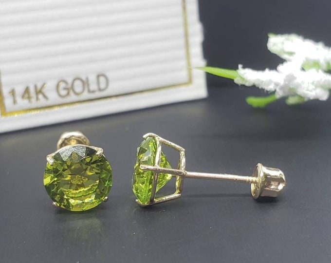 14K Solid Gold Peridot Earring August Birthstone Colors Screw Backing Earring with 4 Prong Setting