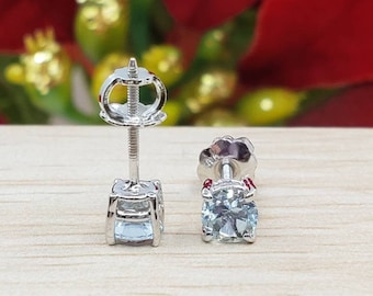 Aquamarine  Solid 14K GOLD •  Women's March Birthstone  Earrings • 4.00 5.00 6.00 7.00 8.00 mm • Screw Back