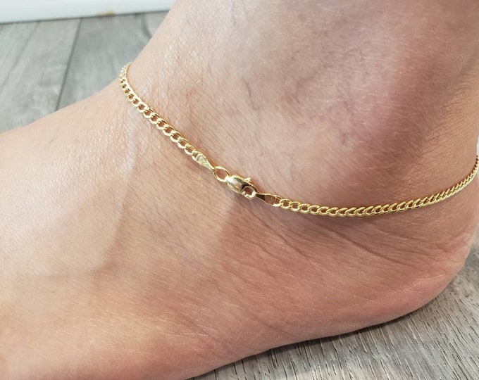 SOLID Anklet 14K Yellow Gold 2.20 mm 2.70mm 3.30 mm 4.00 mm Plain Cuban Link Chain  9 or 10 inches Women's Ankleta.