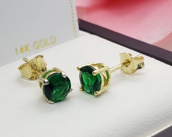14K Solid Gold Green Emerald  Stones Round Solitaire Cut Basket Prong Earring Push Backing Earring with 2 Different weight.