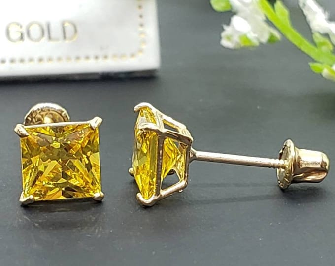 14K Solid Gold Yellow Citrine Earring Princess Square Cut November Birthstone Colors Screw Backing Earring with 4 Prong Setting