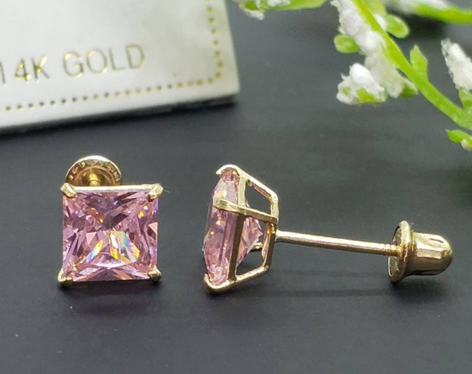 14K Solid Gold Pink Earring Princess Square Cut October Birthstone Colors Screw Backing Earring with 4 Prong Setting