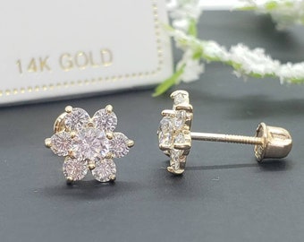 14K Solid Yellow Gold  Flower  • Screw Backs Earrings • Girls / Kids Earrings  •  12 Colors Available 7mm