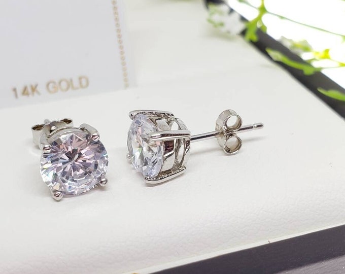 14K Yellow Gold Clear CZ Stones Solitaire Cut Basket Prong Earring Push Backing Earring with 2 Different weight.