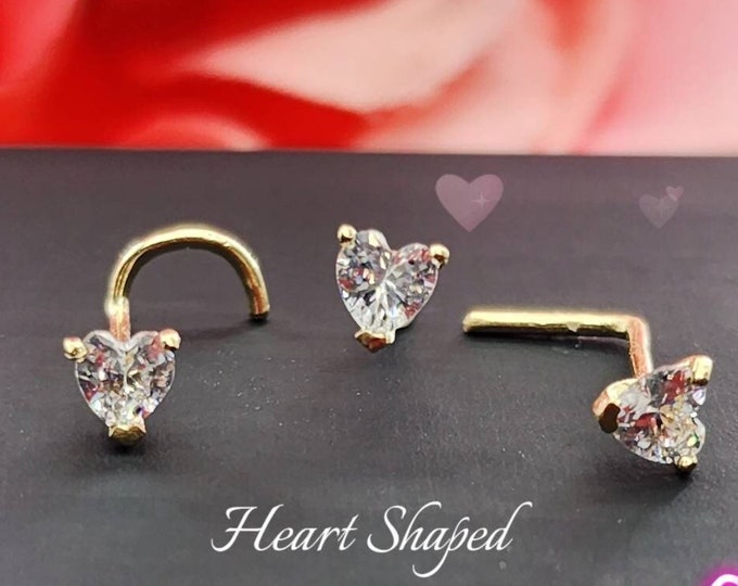 Heart Shaped 14K Solid Gold ,  Nose Stud,  Nose Stud,  Nostril Piercing  Twisted End or Ball End 20GA