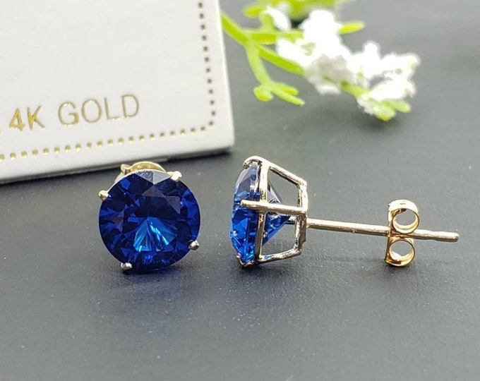 14K Solid Yellow Gold Blue Sapphire Earring September Birthstone Colors Push Backing Earring with 4 Prong Setting